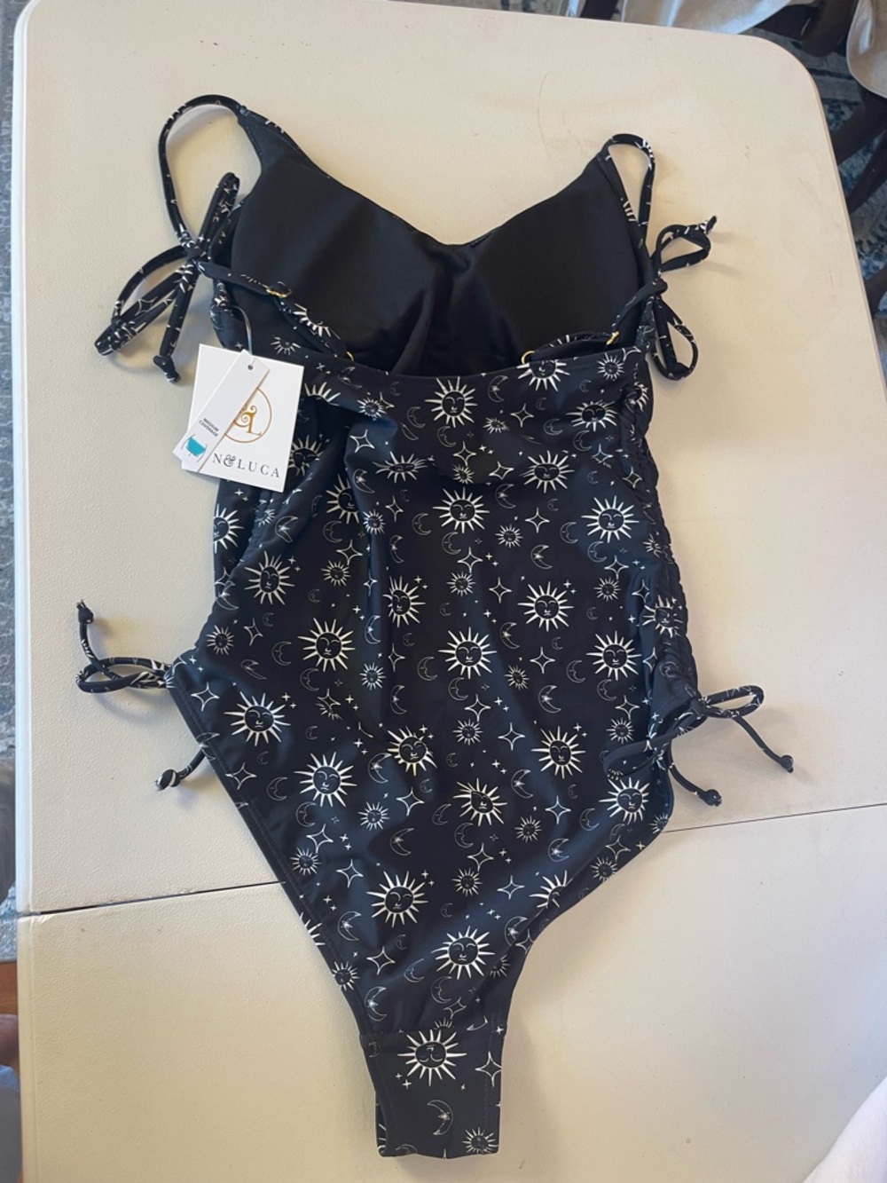 Black One Piece Swimsuit M Sun Moon Stars Whimsigoth Adj Straps Soft Cups NWT - Picture 5 of 14
